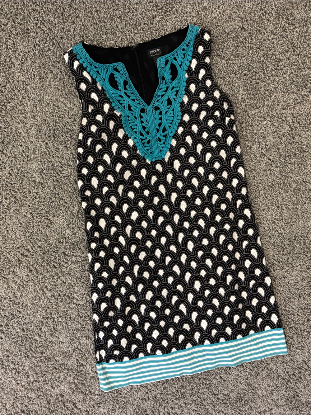 Nicole Miller Black Dress with Teal Crochet Trim - Picture 4 of 7